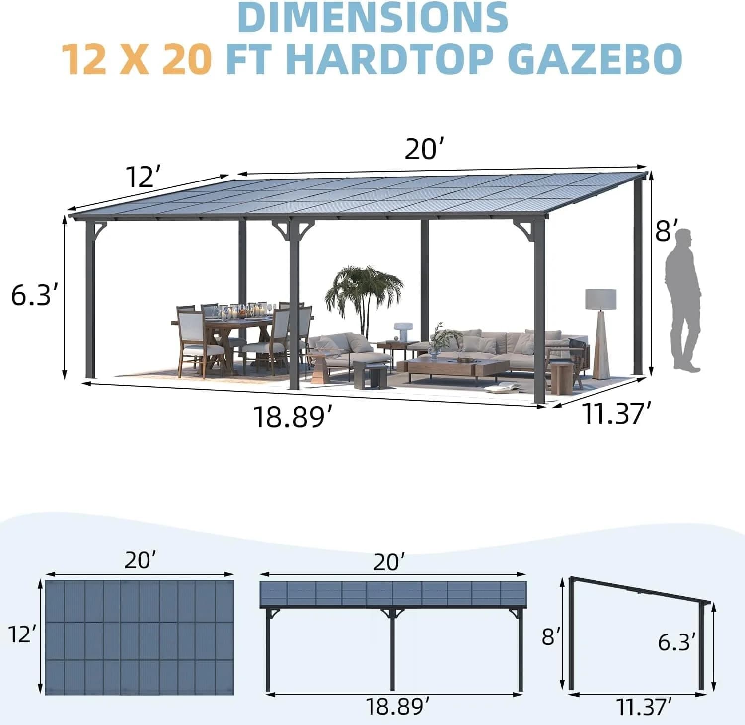 Aecojoy 20’x12′ Wall Mounteds Gazebos Pergola