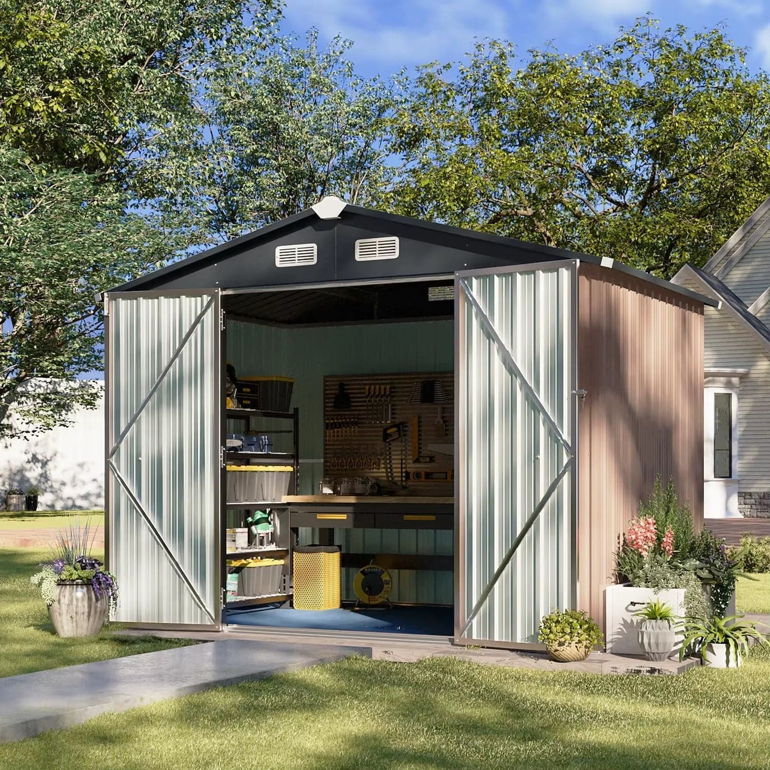 Metal Outdoor Storage Shed 6×8 FT with Floor and Lockable Doors