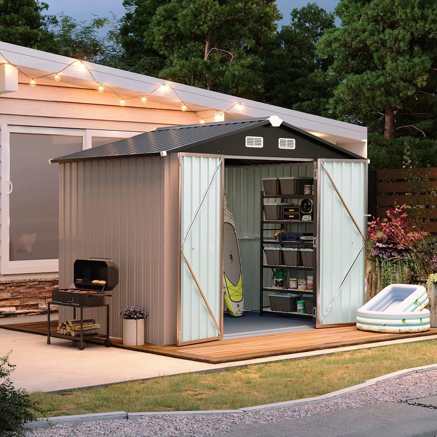 Metal Outdoor Storage Shed 6×8 FT with Floor and Lockable Doors