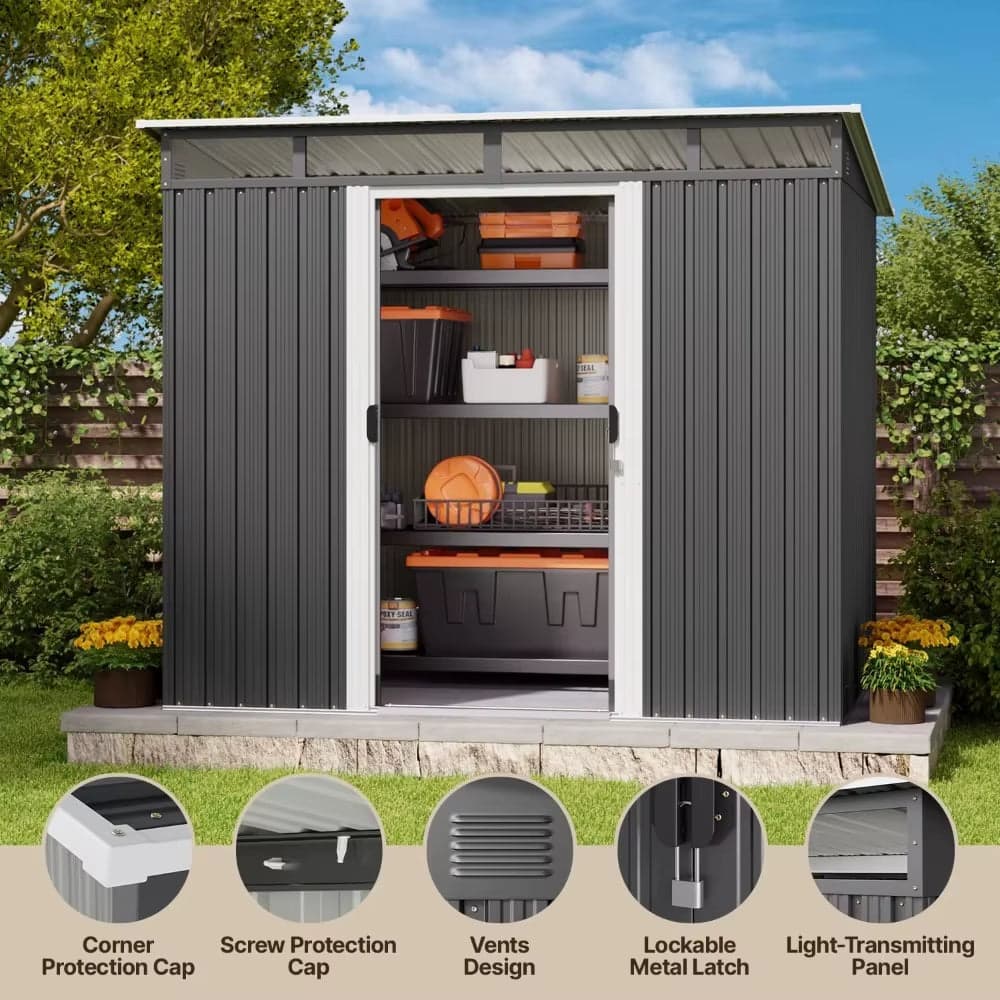 Metal Outdoor Storage Shed 7.4×5.3 FT with Sliding Door and Window