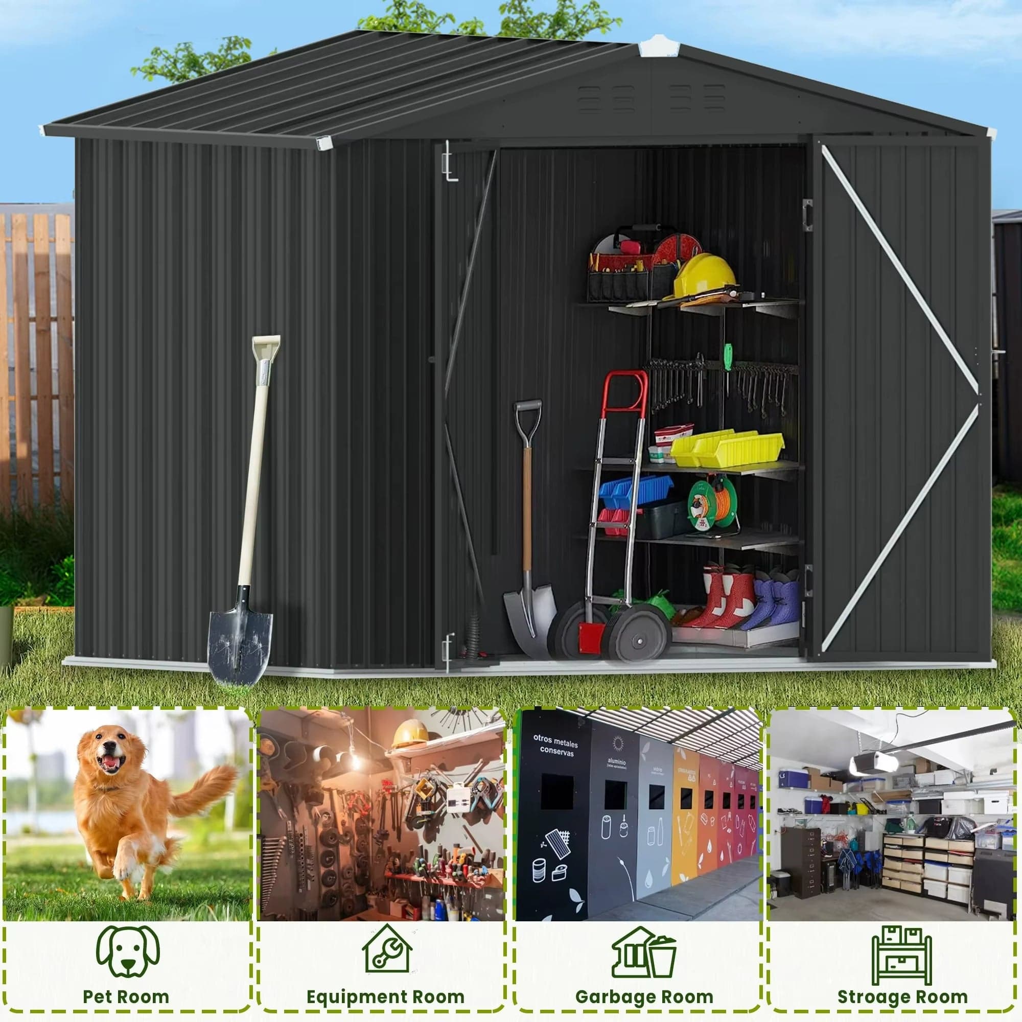 Metal Outdoor Storage Shed 8×6 FT with Hinged Doors and Vents