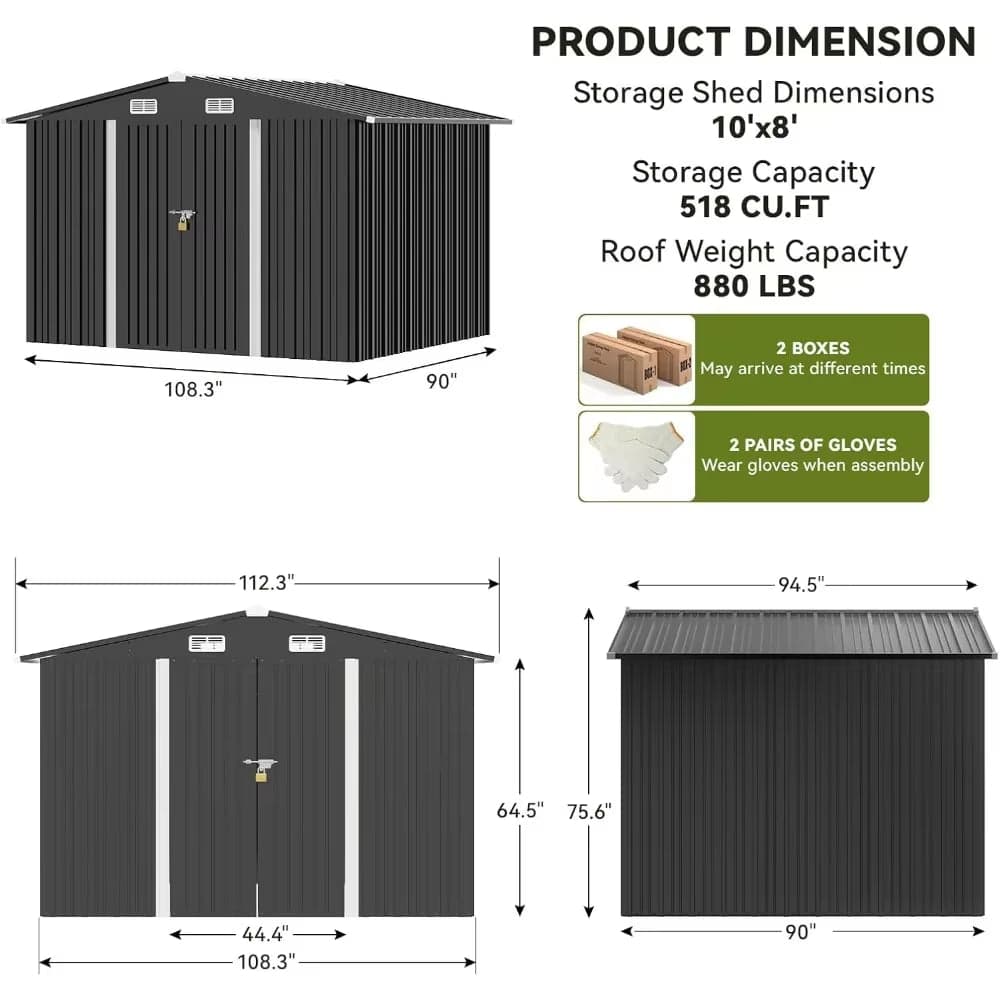 Metal Outdoor Storage Shed with Lockable Doors and Vents