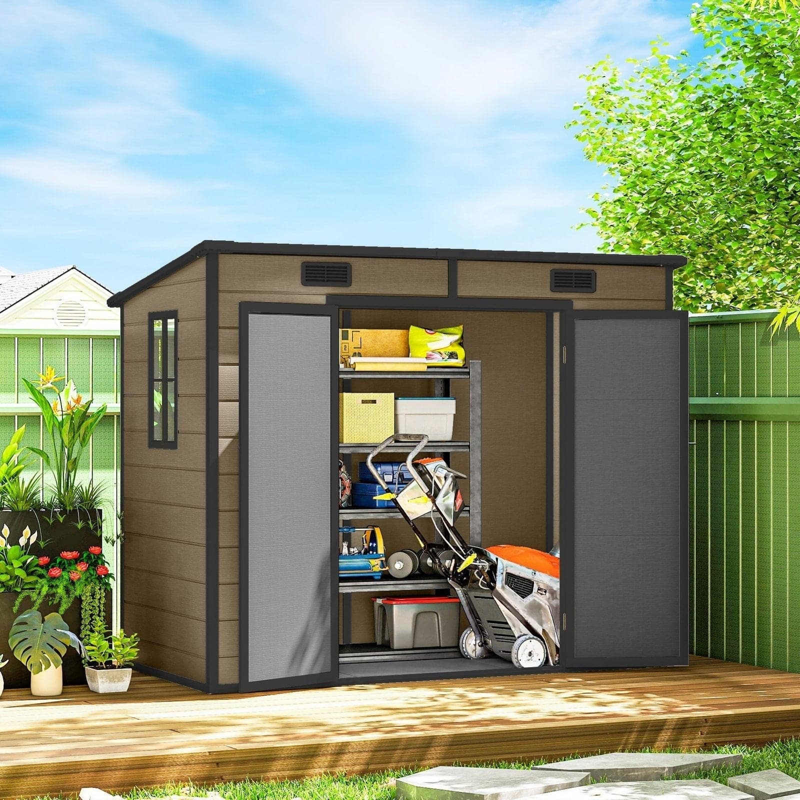 Outsunny 8' x 4' Outdoor Storage Shed Light Brown Resin