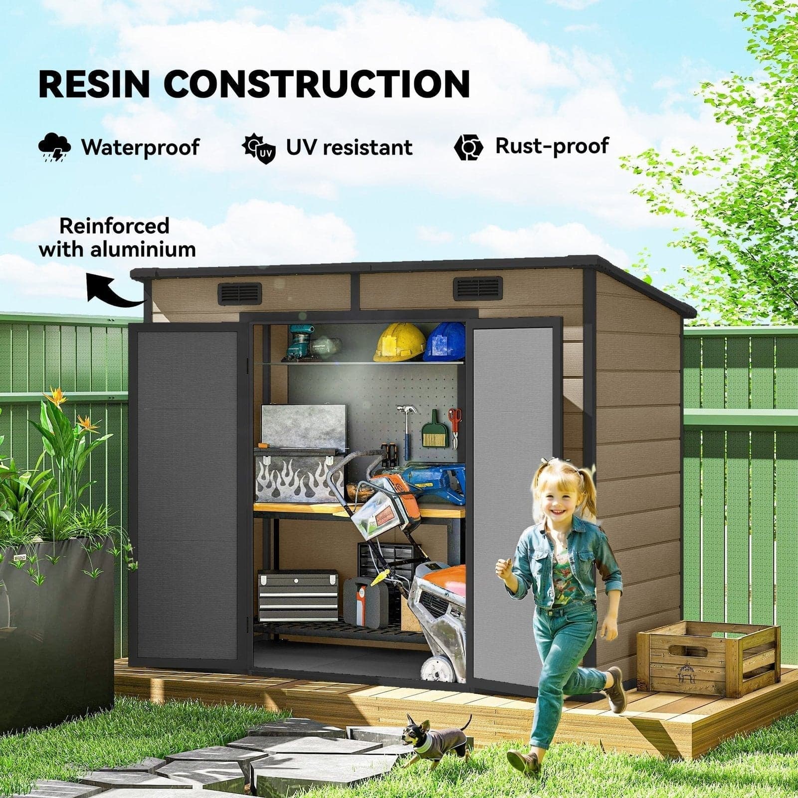 Outsunny 8' x 4' Outdoor Storage Shed Light Brown Resin