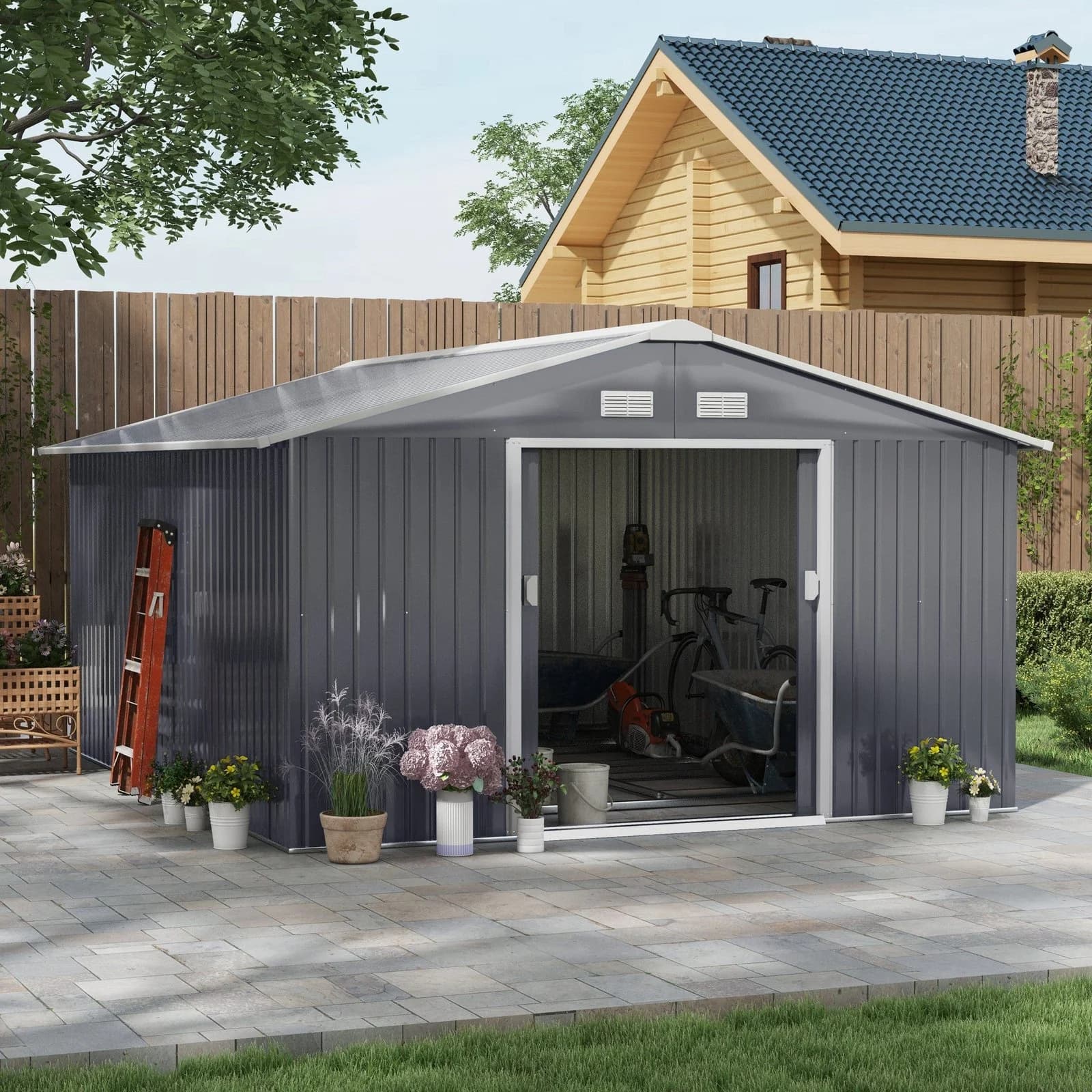 Outsunny Outdoor Storage Shed Dark Gray 11'×13' Galvanized Steel