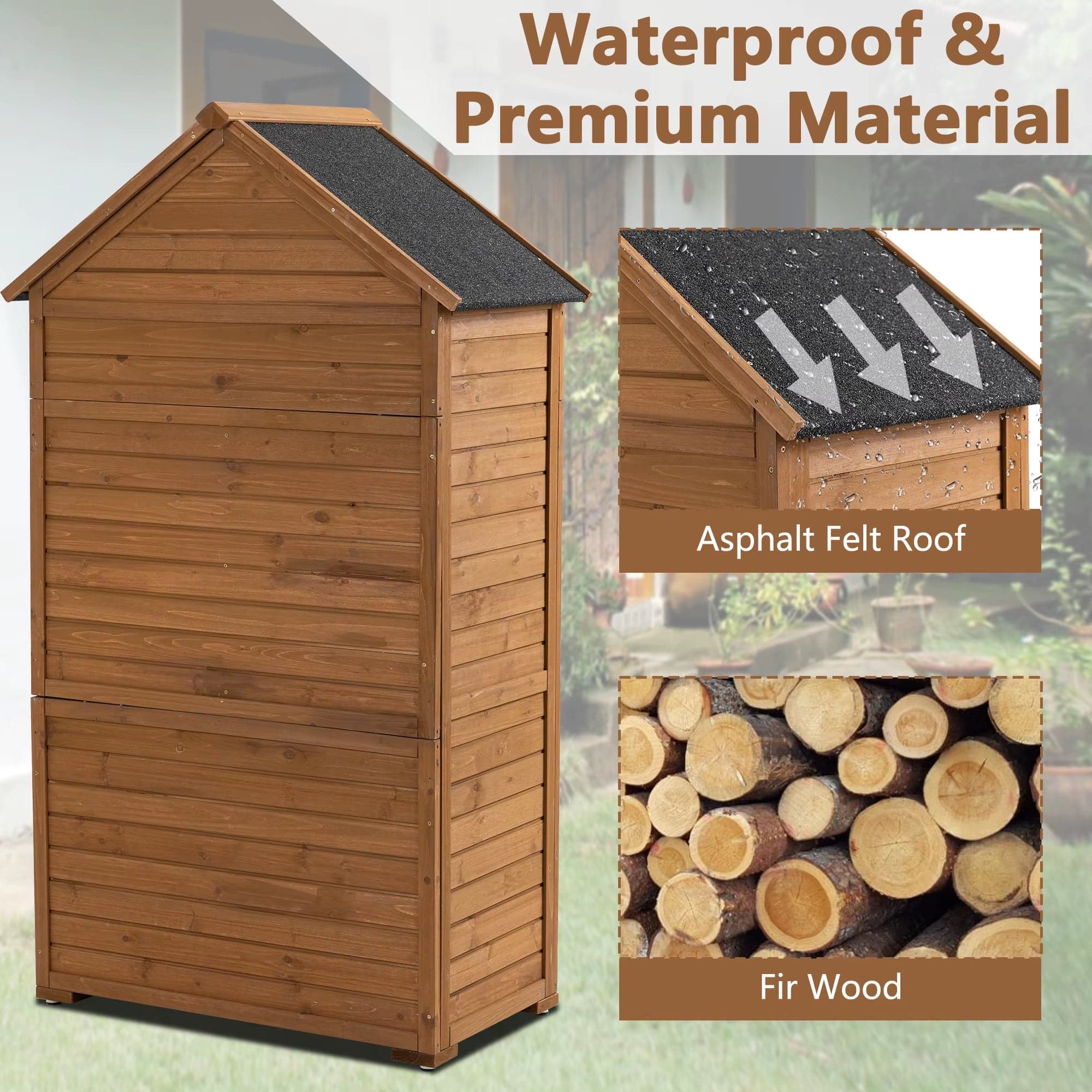 Wooden Outdoor Storage Cabinet with 3 Shelves and Lockable Latch