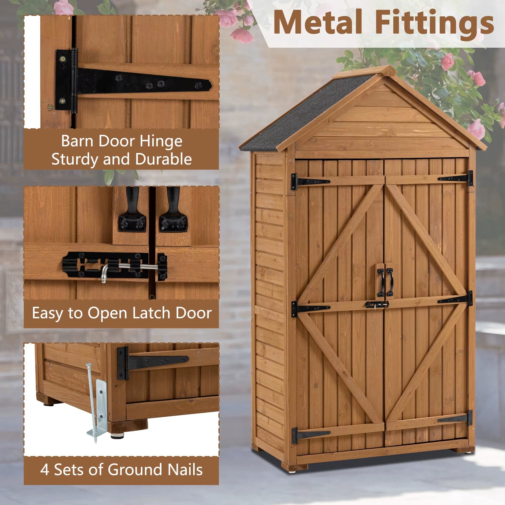 Wooden Outdoor Storage Cabinet with 3 Shelves and Lockable Latch