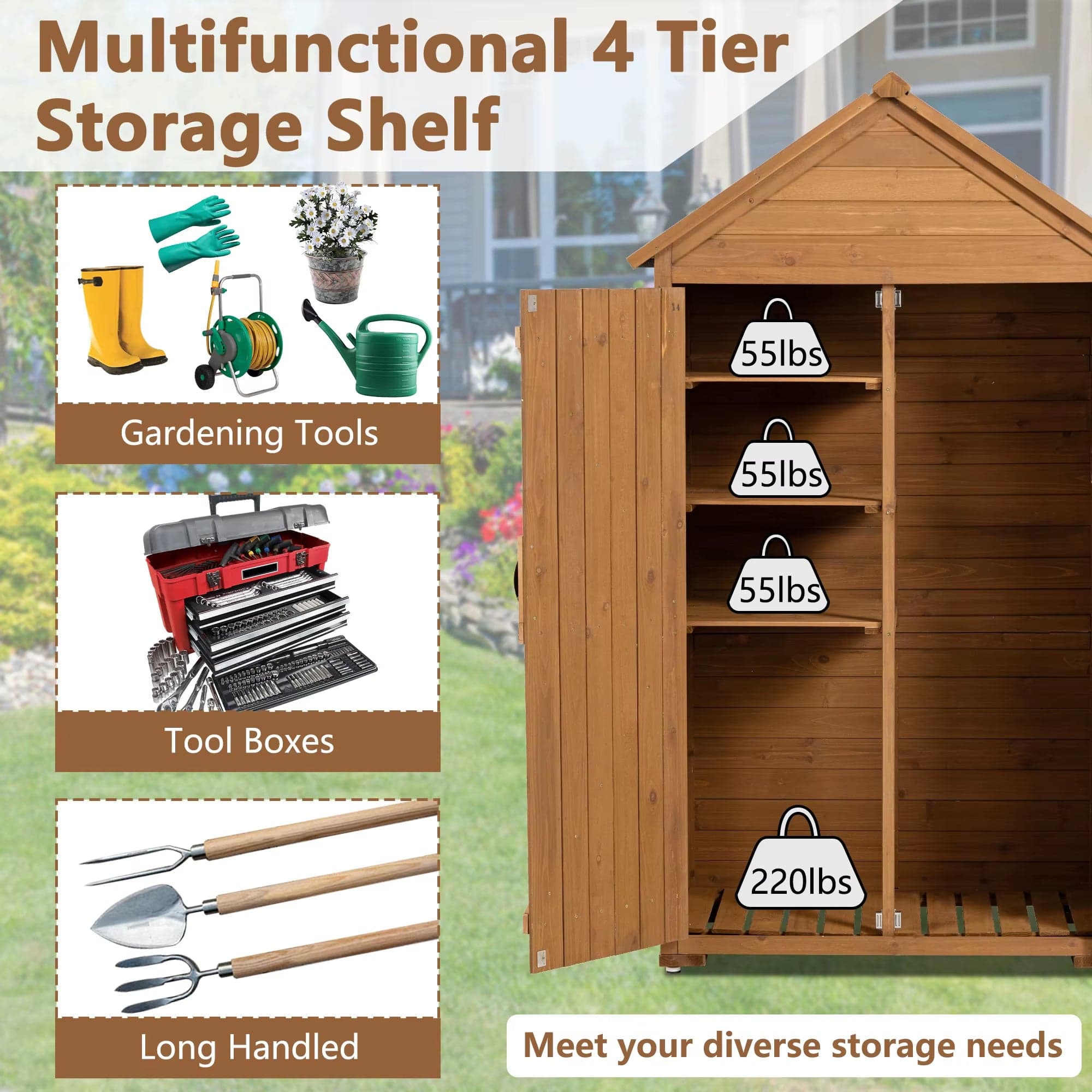 Wooden Outdoor Storage Cabinet with 3 Shelves and Lockable Latch