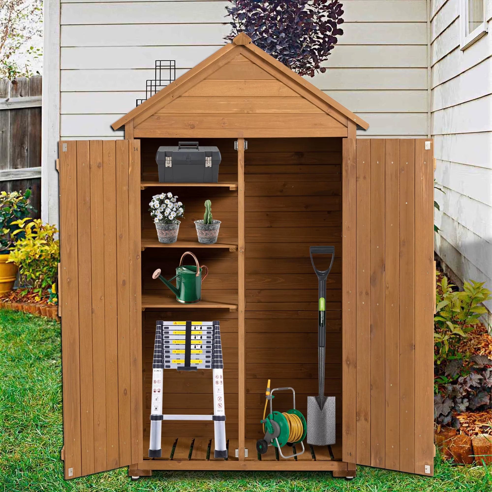 Wooden Outdoor Storage Cabinet with 3 Shelves and Lockable Latch