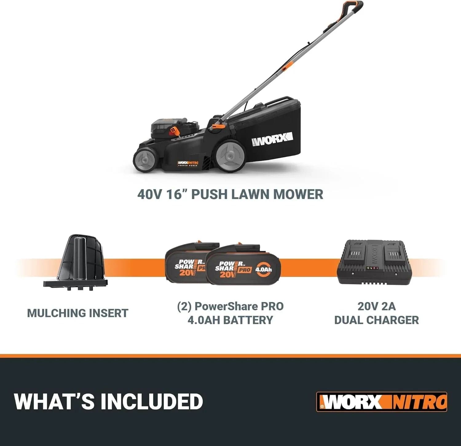 WORX Nitro 40V 16" Cordless Lawn Mowers w/Brushless Motor 2.0 & Intellicut